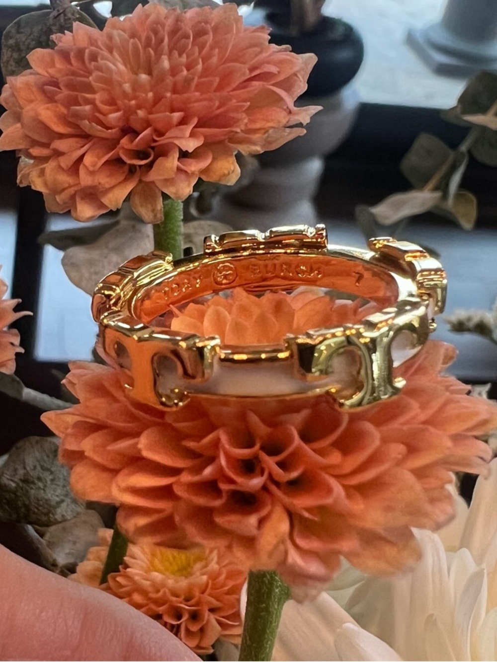 Tory Burch Gold and White Enamel Ring Size 7